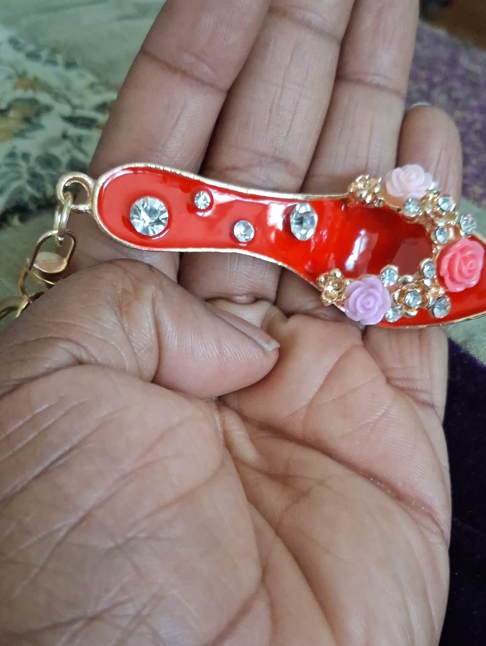 Red Jeweled High Heel Keychain with Pink Flower Accents